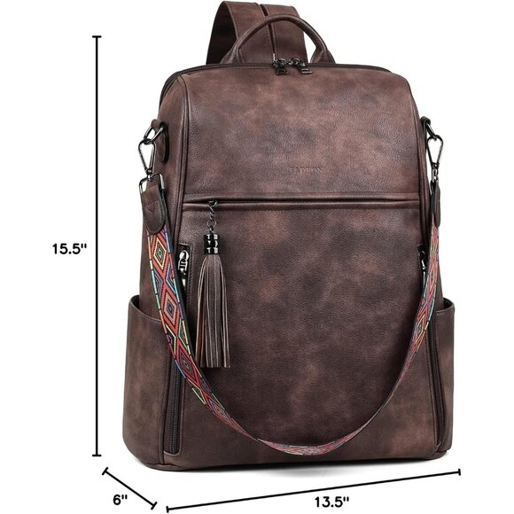 Women Coffee Brown Retro Style Backpack Designer 15.6 inch PU Leather Laptop Bag - Picture 10 of 10